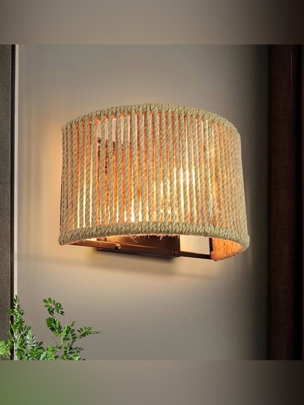 Rattan Wall Sconce Boho Wall Light Fixture Hand Woven Hemp Rope , Dia 9.7 Inch